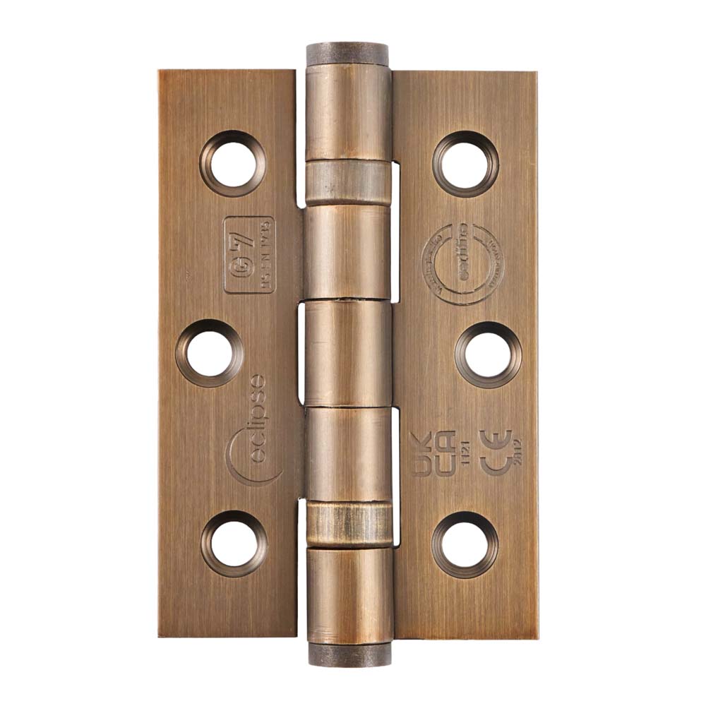 Eclipse 3 inch (76mm) Ball Bearing Hinge Grade 7 Square Ends - Matt Antique Brass (Sold in Pairs)